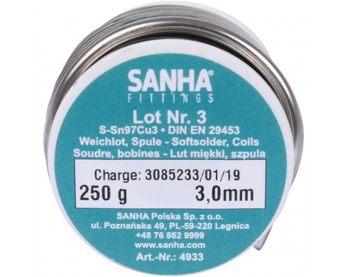Sanha 4933 4933 припой S-Sn97Cu3  Нр.3, 3,0 мм, катушка, 250 г3mm, для медных труб под пайку