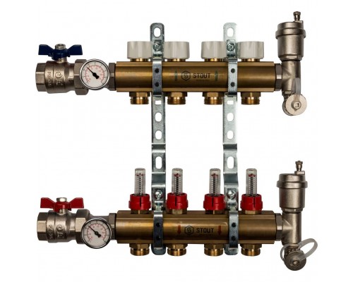 STOUT  Распределительный коллектор из латуни с расходомерами 4 вых.
