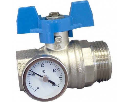 OVENTROP  Кран шаровой Oventrop  муфтовый BP 3/4" х НР 1" с термометром 0-80°C , с синей ручкой бабочкой